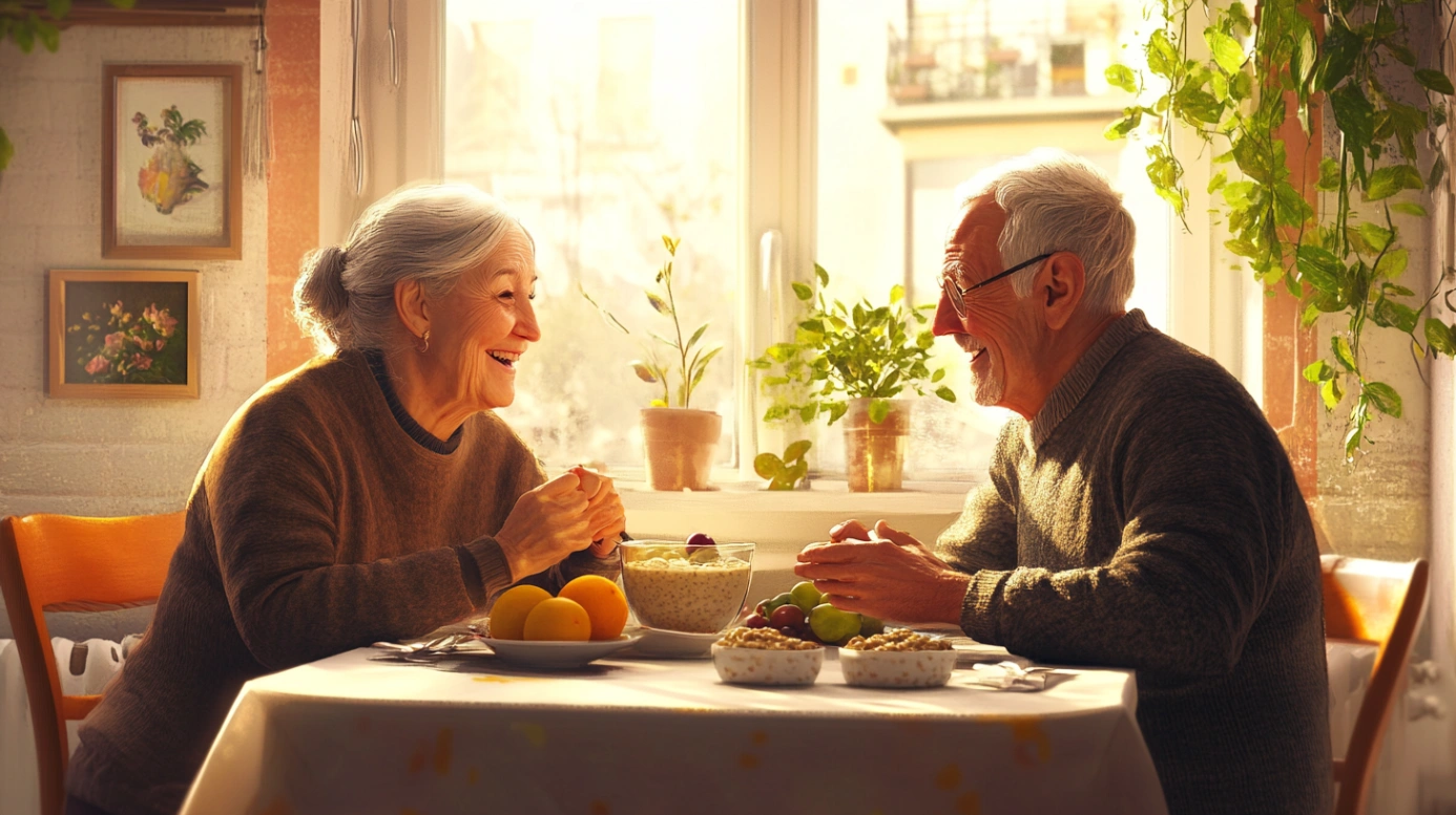 Щаслива літня пара насолоджується здоровою їжею